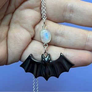 Hematite bat necklace, moonstone vampire bat pendant, Halloween bat jewelry